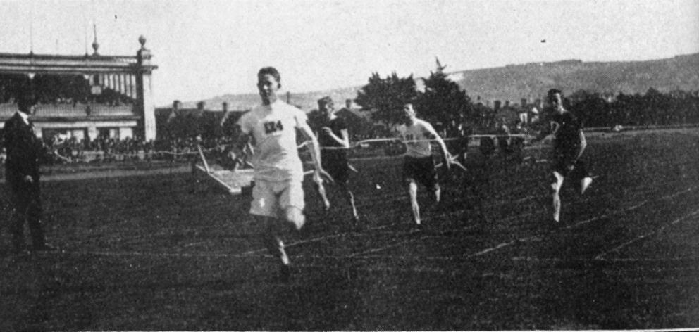 Arthur Porritt wins the 100-yard dash at Dunedin Amateur Athletic Association’s sports on the...