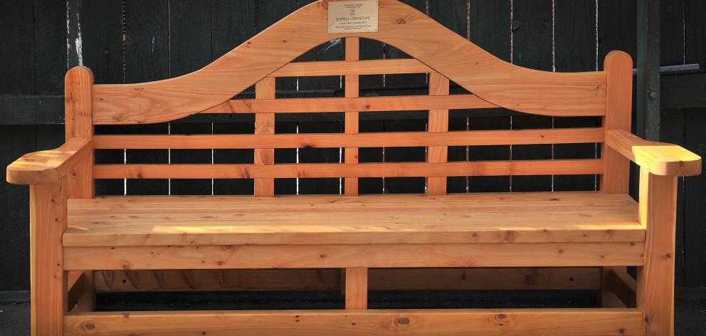 A memorial bench for Miss Crestani.