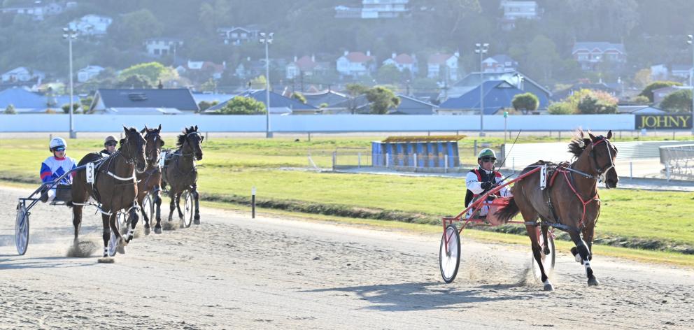 Mongolian Conqueror has left his rivals to it as he goes to the line to win race 3 at Forbury...