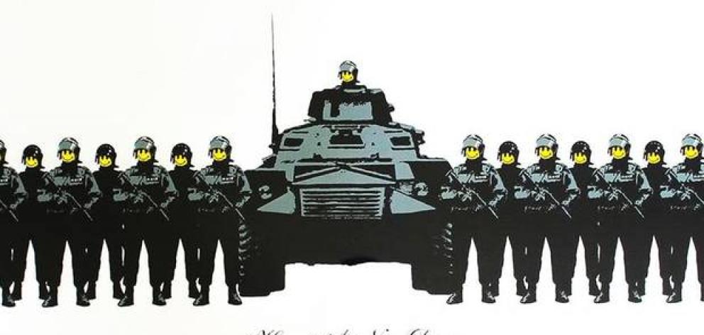 The iconic military-themed Banksy screen print went for a record $126,000 at auction in Auckland last night. Image / Supplied The iconic military-themed Banksy screen print went for a record $126,000 at auction in Auckland last night. Image / Supplied