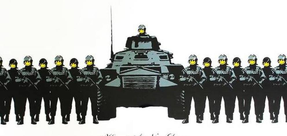 The iconic military-themed Banksy screen print went for a record $126,000 at auction in Auckland last night. Image / Supplied