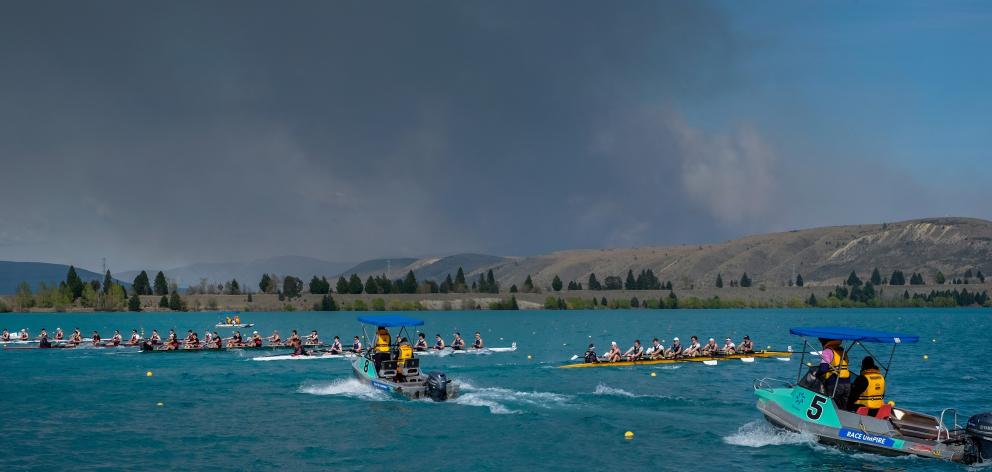 Crews line up to compete at the Mainland Interprovincial Rowing Championships at Lake Ruataniwha...