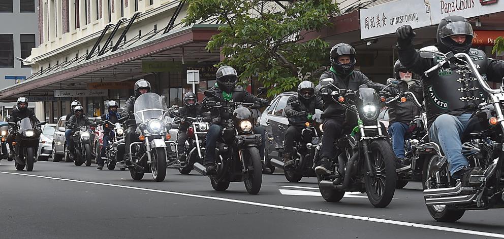 Motorcyclists head down Stuart St, towards the Dunedin Railway Station, during a motorcycle run...