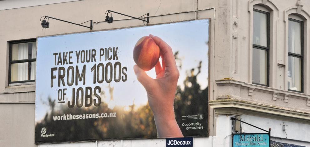 A billboard in Great King St, Dunedin, advertising the Work the Seasons scheme which was first...
