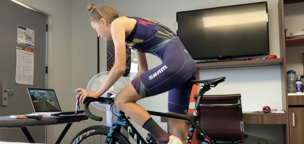 Dunedin professional cyclist Ella Harris gets in a training ride while in managed isolation in a...