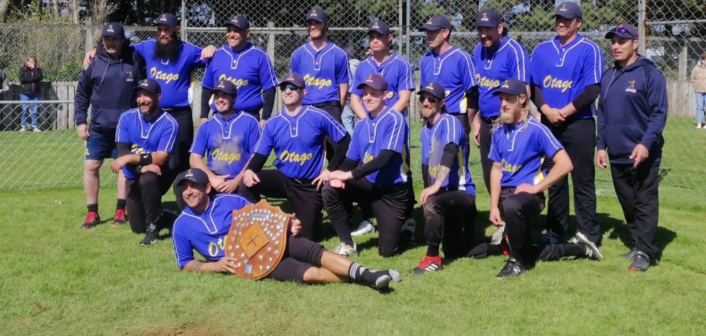 The victorious Otago men’s softball team of (back row from left) Lyall Scott (assistant coach),...
