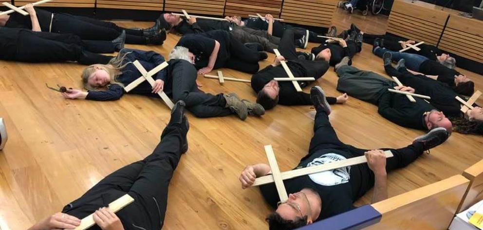 The protesters at the Christchurch City Council meeting. Photo: Pauline Cotter