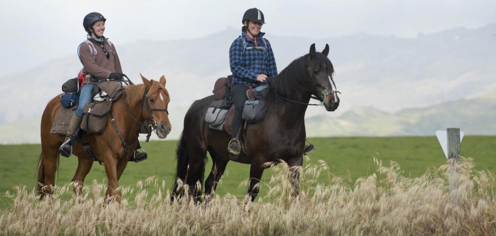 Kirsty Mann and Tosca (left) and Tsarina Dellow and Zulu navigate their way along the Otago...