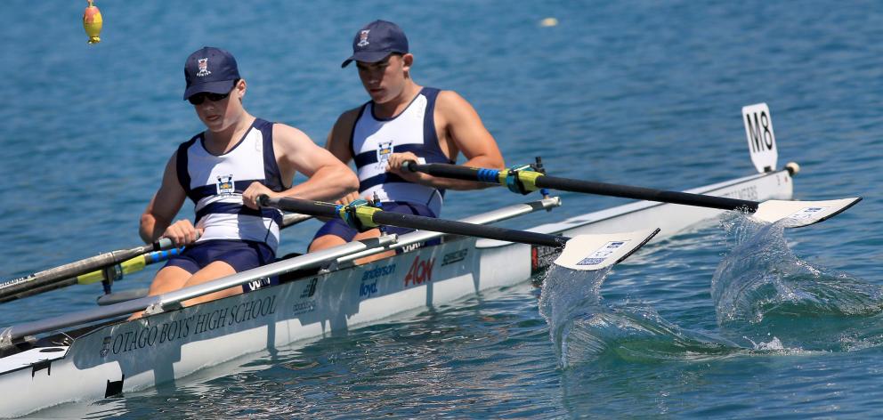 Otago Boys’ High School pupils Archie Chittock and Ryan Eagan give it everything in the under-15...