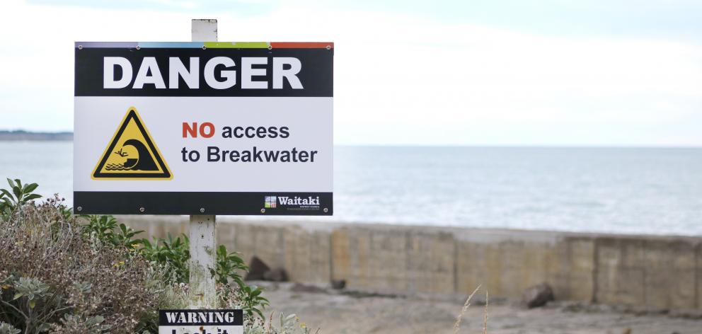 Oamaru breakwater has new signs indicating no public access. PHOTO: KAYLA HODGE

