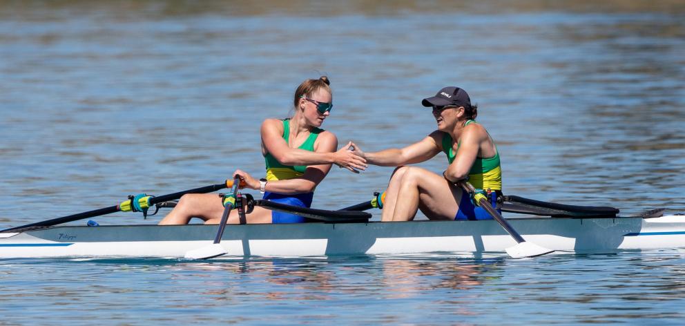 Dunstan Arms’ Sophie Smith and Kirsty Mahoney celebrate silver in the women’s double club sculls...