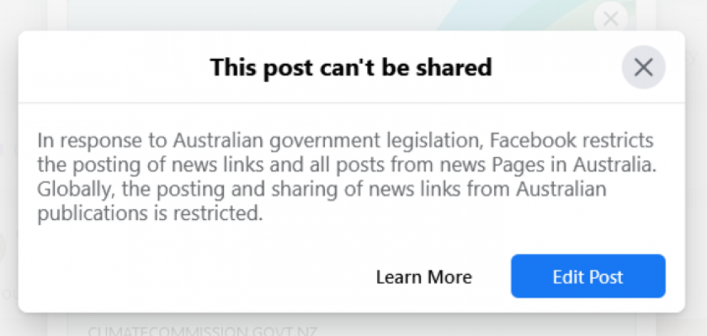 What happens when you try to post a link to the Climate Change Commission on Facebook. Photo: Supplied