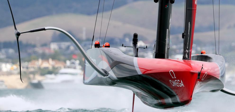 Team New Zealand in action during America’s Cup racing on Wednesday. PHOTOS REUTERS