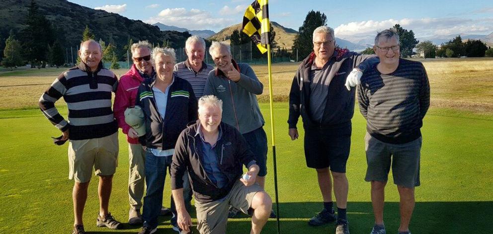 Celebrating a hole-in-one by Tom Butters (front) last Wednesday are Frankton Masters players ...