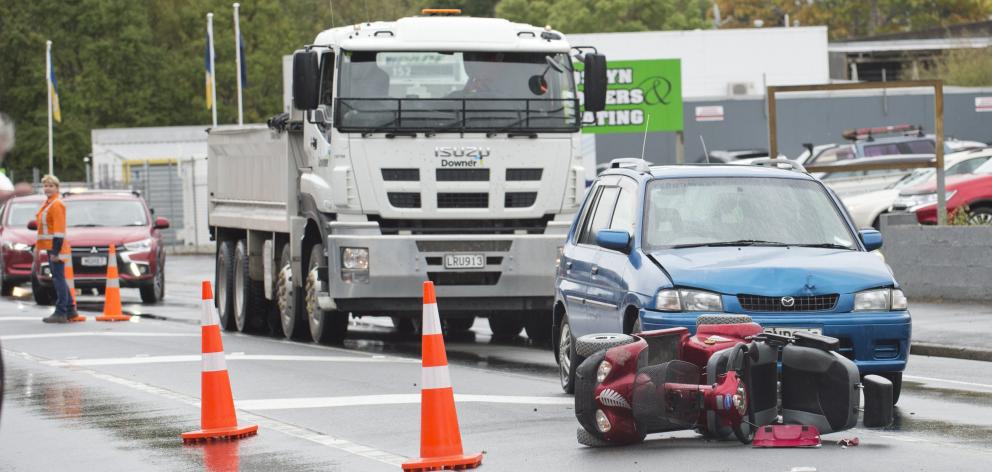 The scene of a collision between a car and a mobility scooter on Kaikorai Valley Rd. Photo: Gerard O'Brien
