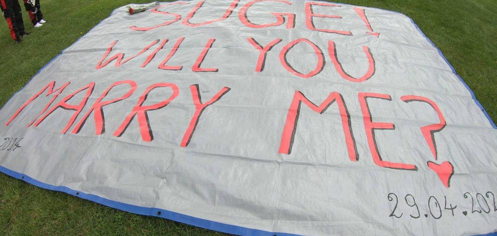 'Will you marry me?' Nurojan's Drop Zone message. Photo / Supplied