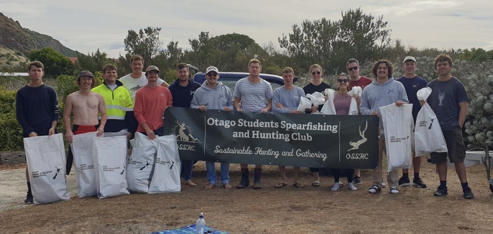 Otago Students Spearfishing and Hunting Club members after a beach clean-up on Sunday. PHOTO:...