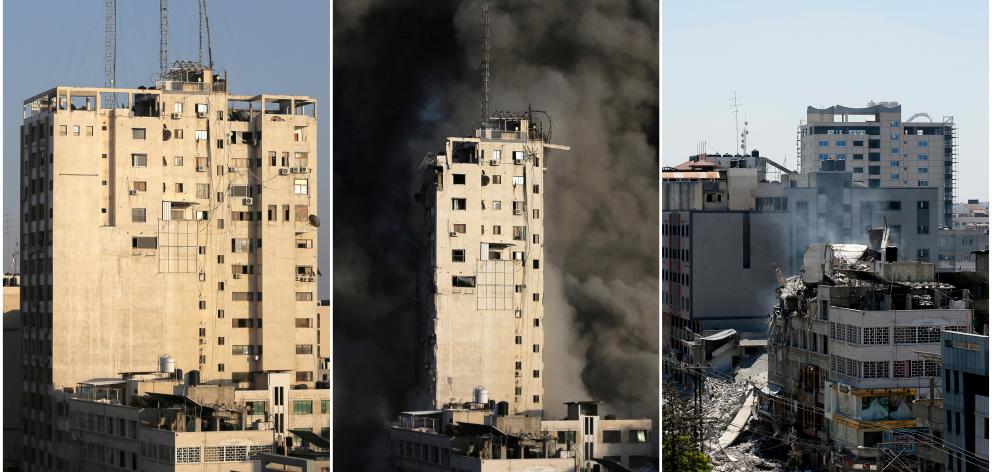 Combination picture shows a tower building before and after it was destroyed by Israeli air strikes in Gaza. Photo: Reuters