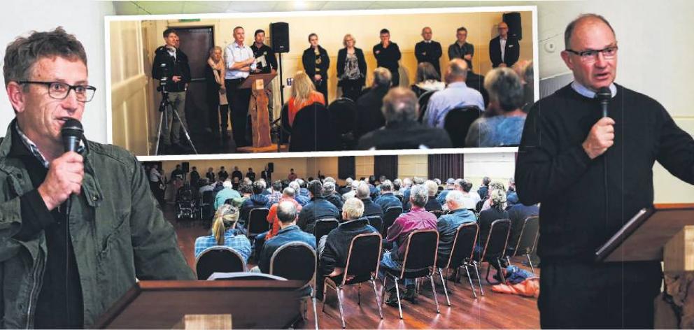 More than 150 people turned out to Mondaynight’s meeting on carbon farming. Speakers includedForest Owners Association president Phil Taylor (left) and National Party forestry spokesman Ian McKelvie (right). PHOTOS: REBECCA RYAN