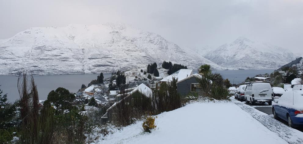 A view from Fernhill of Queenstown covered in snow this morning. Photo: Matthew Mckew A view from Fernhill of Queenstown covered in snow this morning. Photo: Matthew Mckew