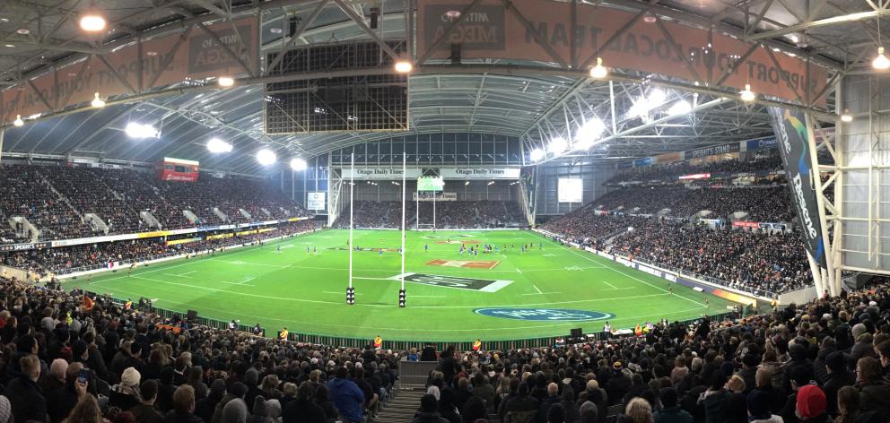 A panoramic view of Forsyth Barr Stadium on Saturday night. Photos: Peter McIntosh