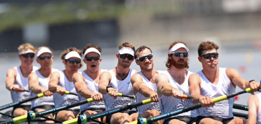 The New Zealand men's eight of (l to r) Thomas Mackintosh, Hamish Bond, Tom Murray, Michael Brake...