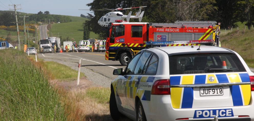 Emergency services at the Moeraki Boulders turn-off after a fatal accident in 2016. Photo ODT files