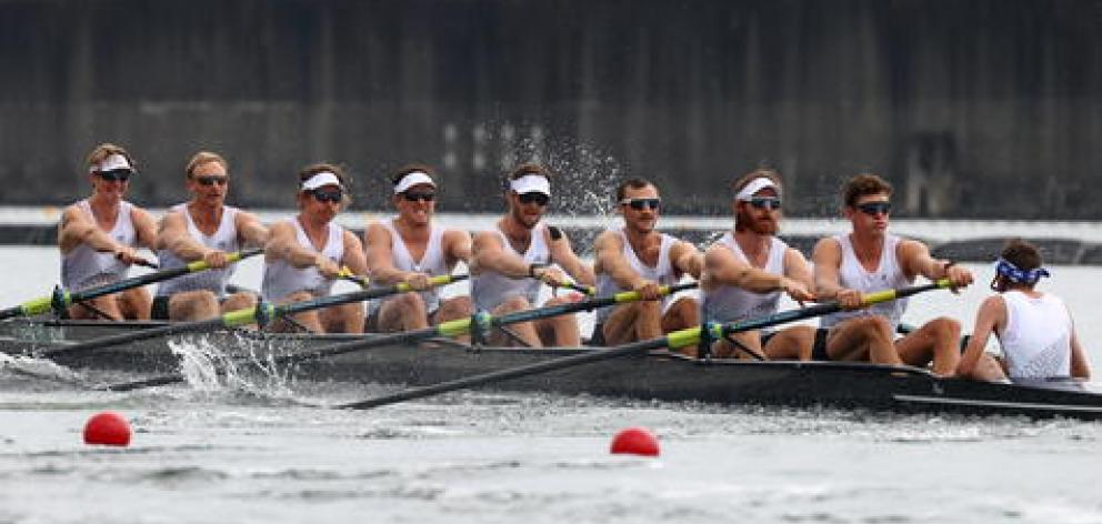 The NZ men's eight - Coxswain Sam Bosworth, Shaun Kirkham, Thomas Murray, Matthew Macdonald,...