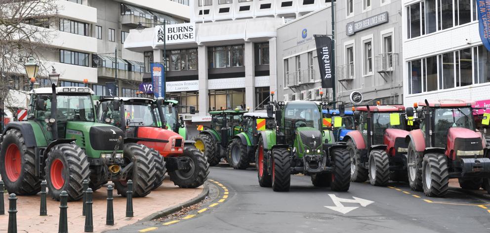 Tractors converge on the Octagon in Dunedin during last month’s Howl of a Protest. PHOTO: STEPHEN...