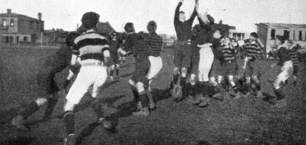 Lineout in the rugby match Christian Brothers v Dunedin Technical College.  — Otago Witness, 6.9...