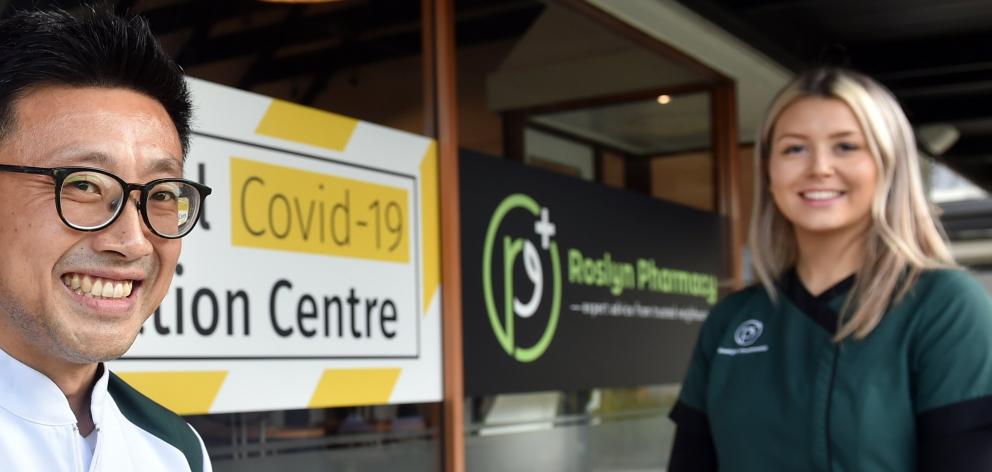 Andrew Hou, of Roslyn Pharmacy, in Dunedin, and immunisation co-ordinator Alex Svejkar on site...