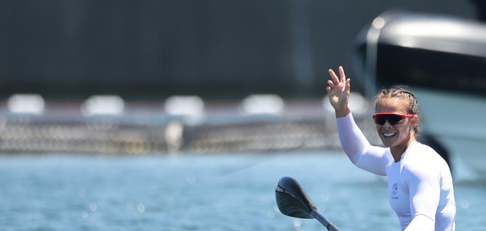 Lisa Carrington acknowledges the support after winning her third gold medal at the Tokyo Olympics...