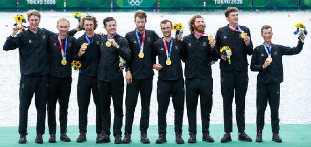 Sam Bosworth (far right) on the podium in Tokyo, and coxing the eight to glory. Photo: Getty Images