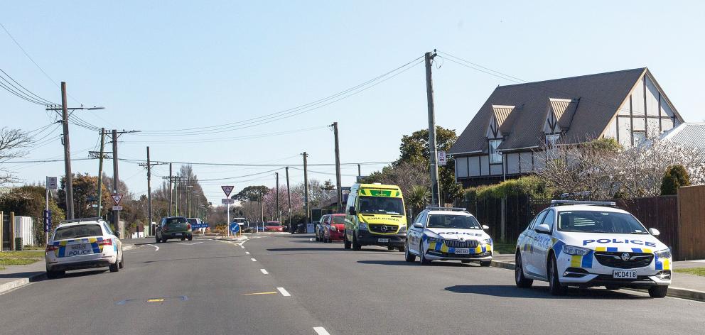 Police cars and an ambulance on Beach Rd, North New Brighton.