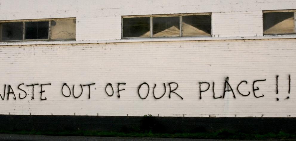 Graffiti on the Mataura paper mill. PHOTO: CRAIG BAXTER