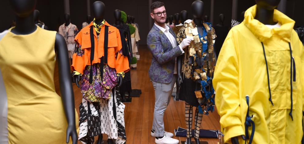 Otago Museum curator Craig Scott and ‘‘Fashion FWD’’ exhibits. PHOTO: GREGOR RICHARDSON