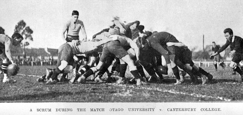A scrum during the rugby match between Otago University and Canterbury College on August 24, 1921...