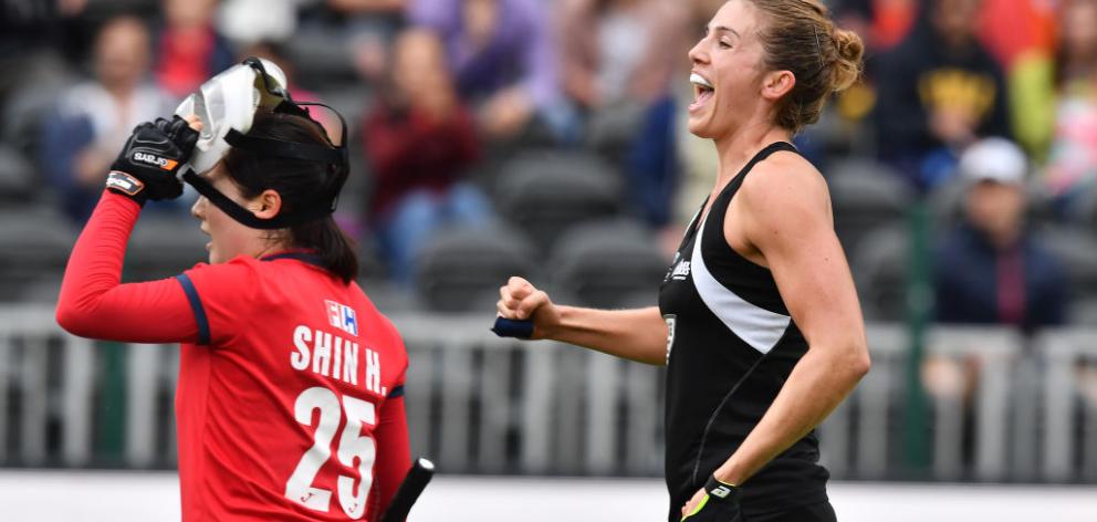 Brooke Neal of New Zealand celebrates after scoring the winning goal during the Hockey World League Semi-Final playoff game with Korea  in Brussels. Photo: Getty Images 