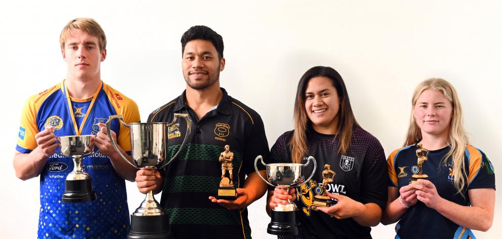 Fab four ... Dunedin club rugby award winners Cameron Millar, Ray Nu’u, Kilisitina Moata’ane and...