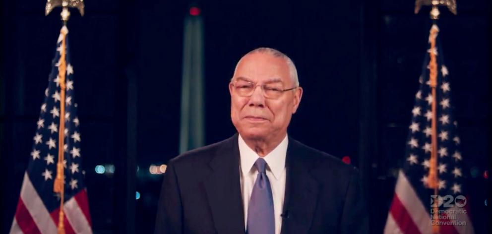 Colin Powell speaks by video feed during the virtual 2020 Democratic National Convention. Photo:...
