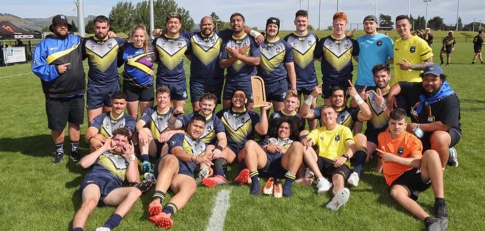 The Otago Whalers celebrate their win. (Back row, from left) Dave Reedy (coach), Hagan Free,...