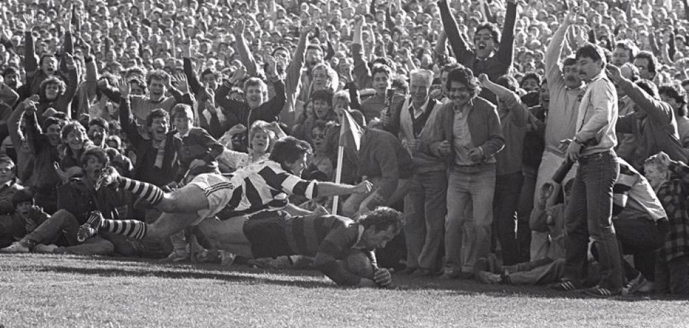 Halfback Bruce Deans scores in the corner at Lancaster Park. Photo: Supplied