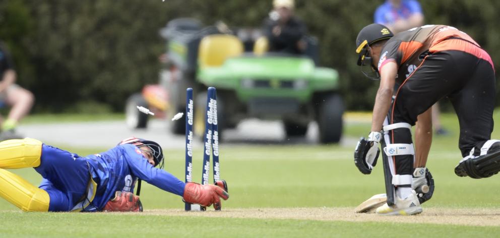 Max Chu of the Volts stumps Jeet Raval during the Super Smash T20 match between Otago Volts and...