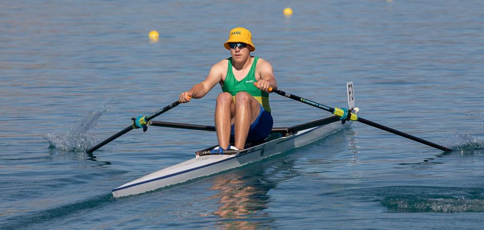 Dunstan rower Jack Pearson powers out of the start blocks on his way to victory in the men’s club...