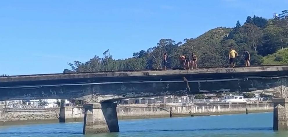 Sickening footage has emerged showing a group of people throwing a dog off a high bridge in...