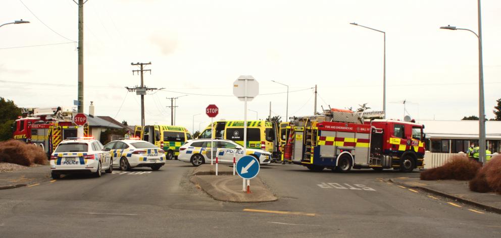 Emergency services at the scene of a crash in McQuarrie St, Invercargill. Photo: Toni McDonald