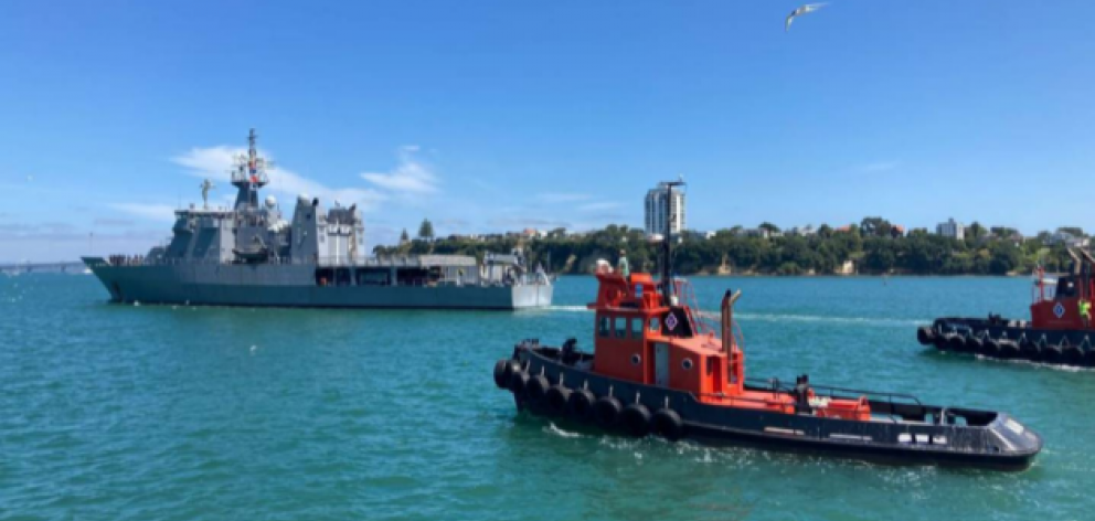 The Royal NZ Navy's HMNZS Wellington sets sail for Tonga, from Auckland's Devonport Naval Base,...