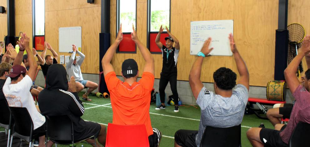Jason Tiatia takes the Crusaders through action and body parts in Samoan as part of a cultural...
