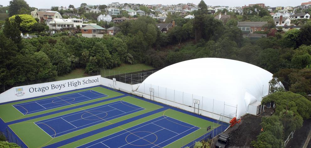 The inflatable tennis dome in place alongside the outdoor tennis courts at Otago Boys’ High School.