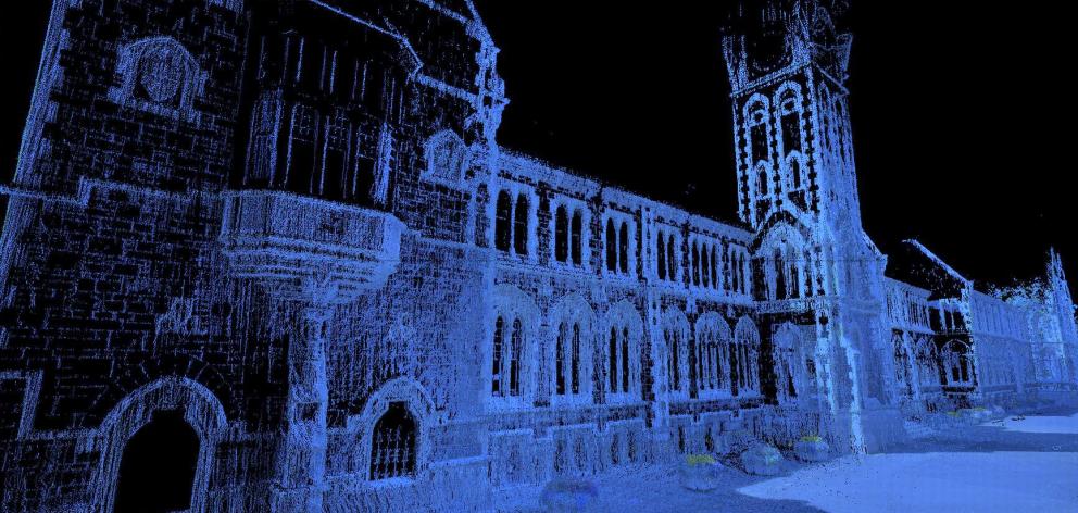 A 3-D scan of the university clock tower produced with the laser scanner. PHOTO: ROB WILKS